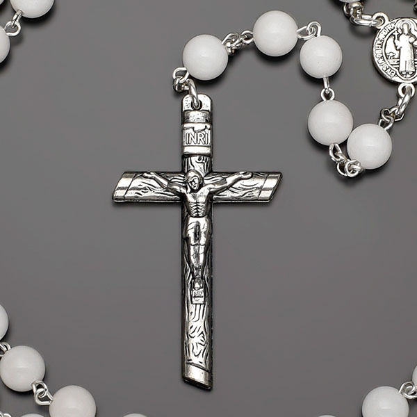  Бусы, ожерелье, розарий из белого агата с крестом  Rico la Сara 0542 подарок парню мужчине на 23 февраля, на Новый год, день всех влюбленных,день рождения 