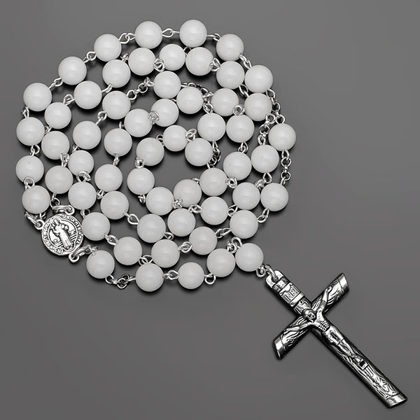  Бусы, ожерелье, розарий из белого агата с крестом  Rico la Сara 0542 подарок парню мужчине на 23 февраля, на Новый год, день всех влюбленных,день рождения 