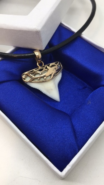  Кожаный шнур для кулона-подвески зуб бычьей акулы с декоративным подвесом на подвесе из серебра покрытие золотом 24 карат 5 микрон подарок парню, мужчине, девушке   