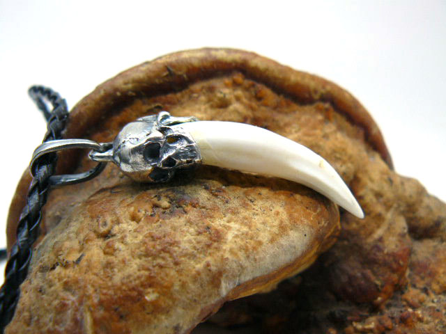  Кулон-амулет клык крокодила с навершием из черепов серебро 925 подарок парню мужчине девушке женщине 